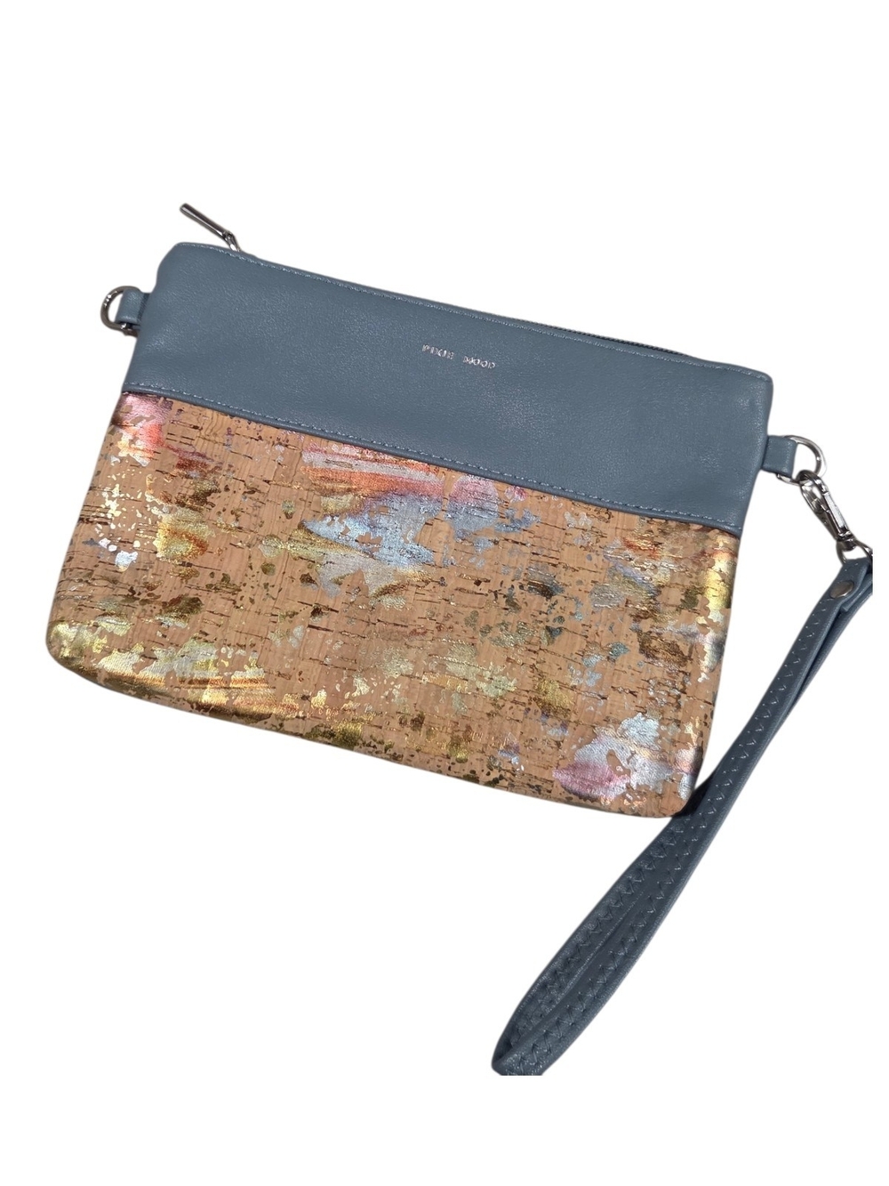 Pixie Mood Slate Blue Leather & Metallic Cork Wristlet